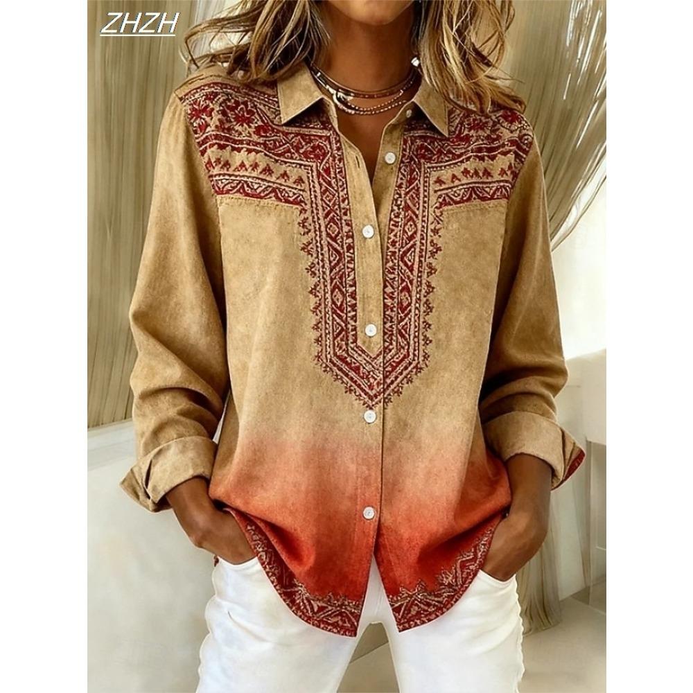 Women's Shirt Blouse Floral Graphic Geometric Bohemia Vintage Casual Long Sleeve Shirt Collar Regular Tops Fall Winter