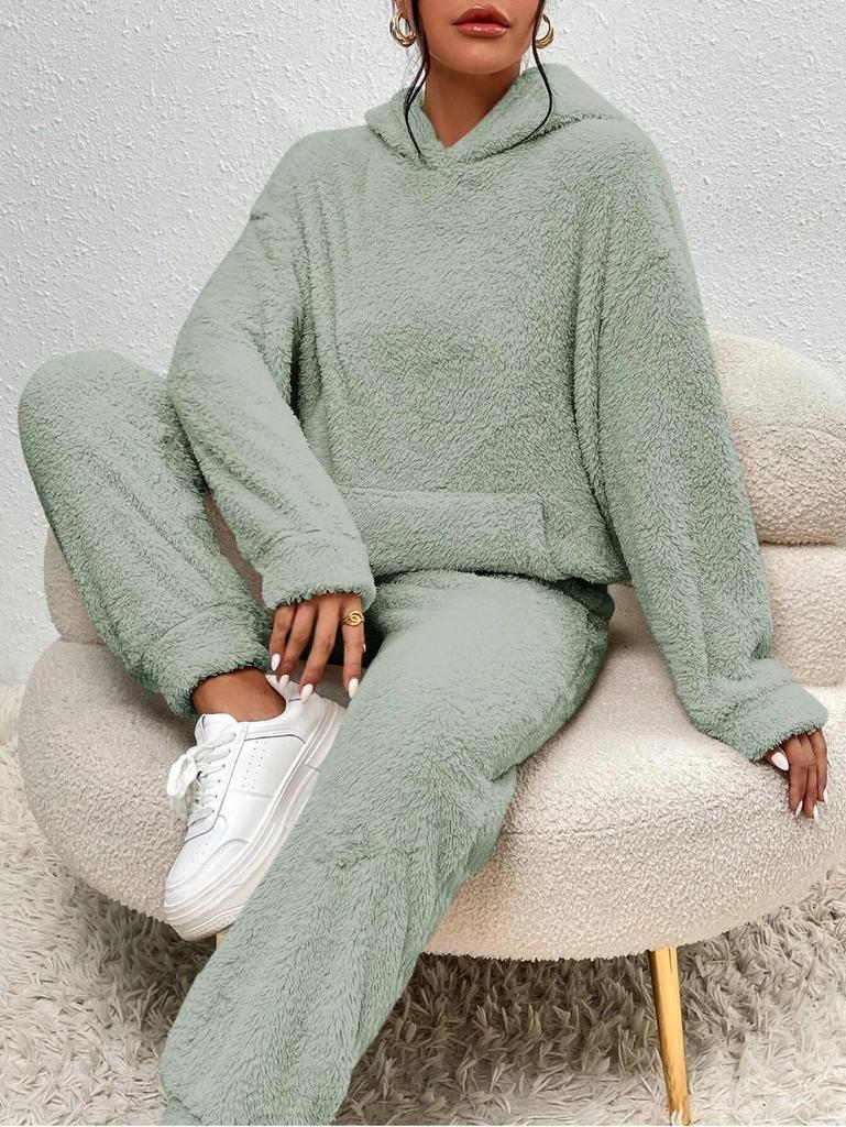 Autumn/Winter 2025 Women's Solid Plush Hooded Long Sleeve and Pants Set - European & American Style Casual Wear