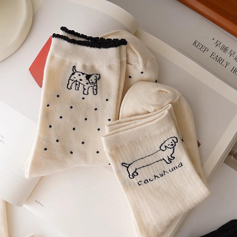 Zhuji Women's Pure Cotton Cartoon Puppy Socks, Anti-Pilling, Antibacterial, Striped, Boneless, Versatile.