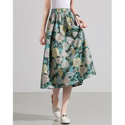 French Style Rose Print High-Waist Midi Skirt