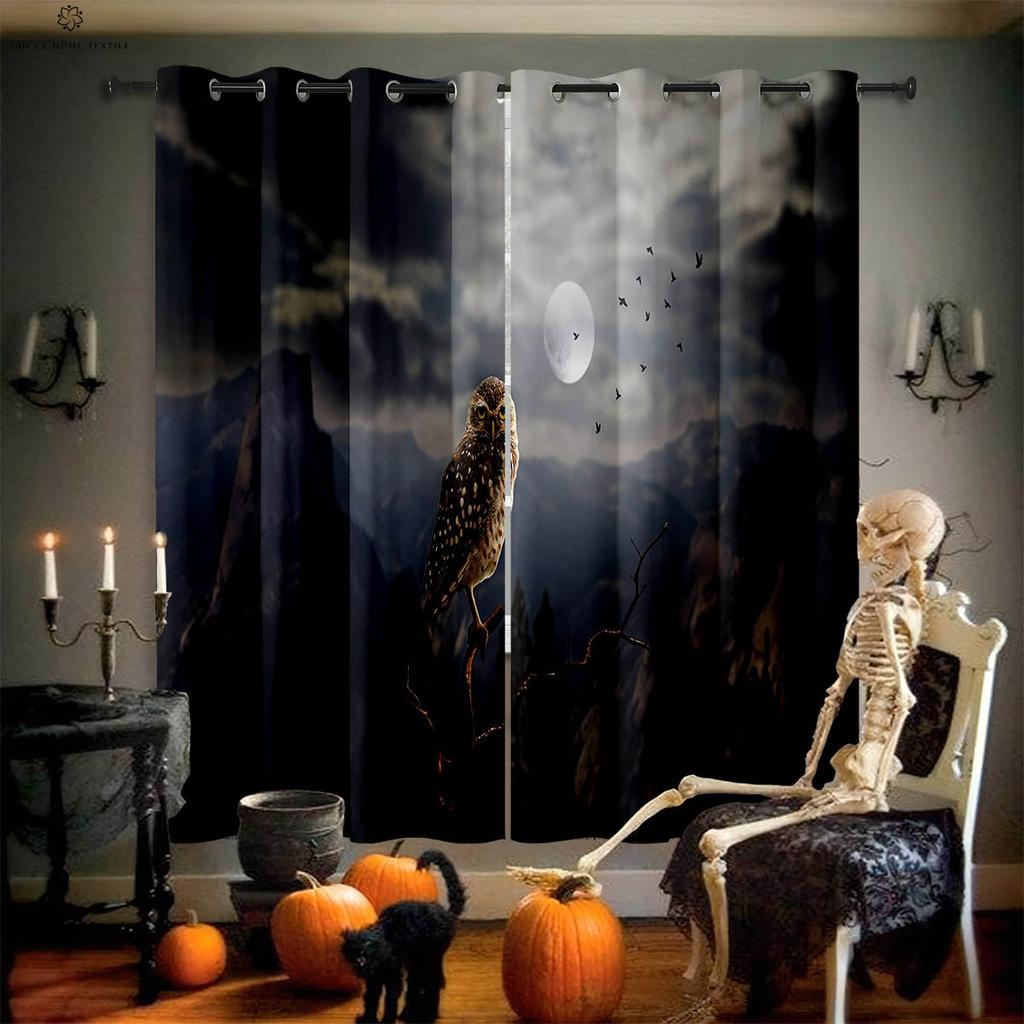 Halloween Skull Spider Web 3D Printed Blackout Curtain, Heat Insulation, Suitable for Bedroom and Dining Room Decoration