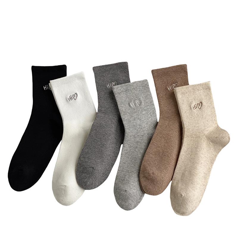 Women's Mid-calf Socks for Spring and Autumn, Heart-shaped Embroidered Cotton Socks, Trendy Women's Socks for Autumn and Winter, Anti-slip Long Socks