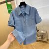 Denim short-sleeved shirt women's 1116 summer new fashion flanged sleeves versatile short-sleeved top women