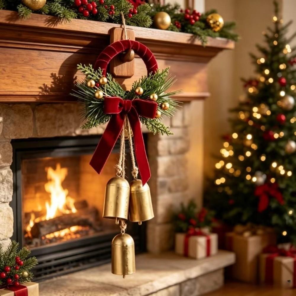 Pine Needles Christmas Bell Door Hanger with 3 Bells Velvet Bow Bell Ornament Foyer Decor
