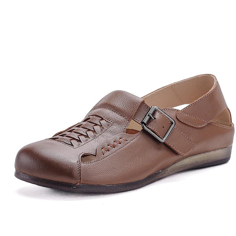 First layer cowhide retro women's shoes summer new hollow sandals comfortable soft sole cowhide sole flat bottom mother shoes genuine leather