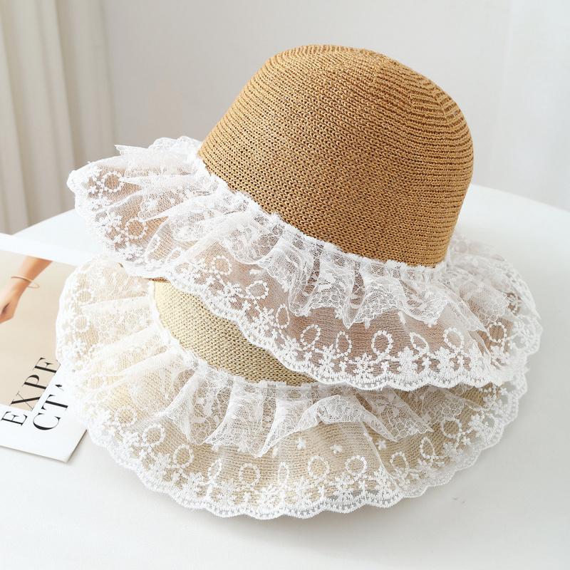 Sweet Lace Straw Sunhat for Women Summer Large Brim Sunshade Seaside Vacation Fisherman Style Casual Breathable Wide Brim Hat