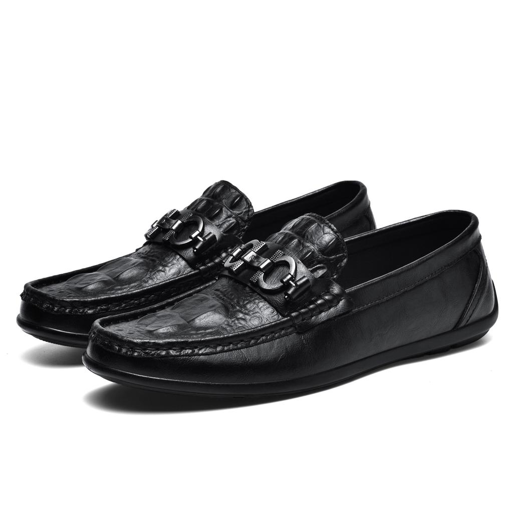 Xunqi live broadcast popular crocodile pattern leather cowhide beanie shoes lazy driving shoes British casual men's leather shoes