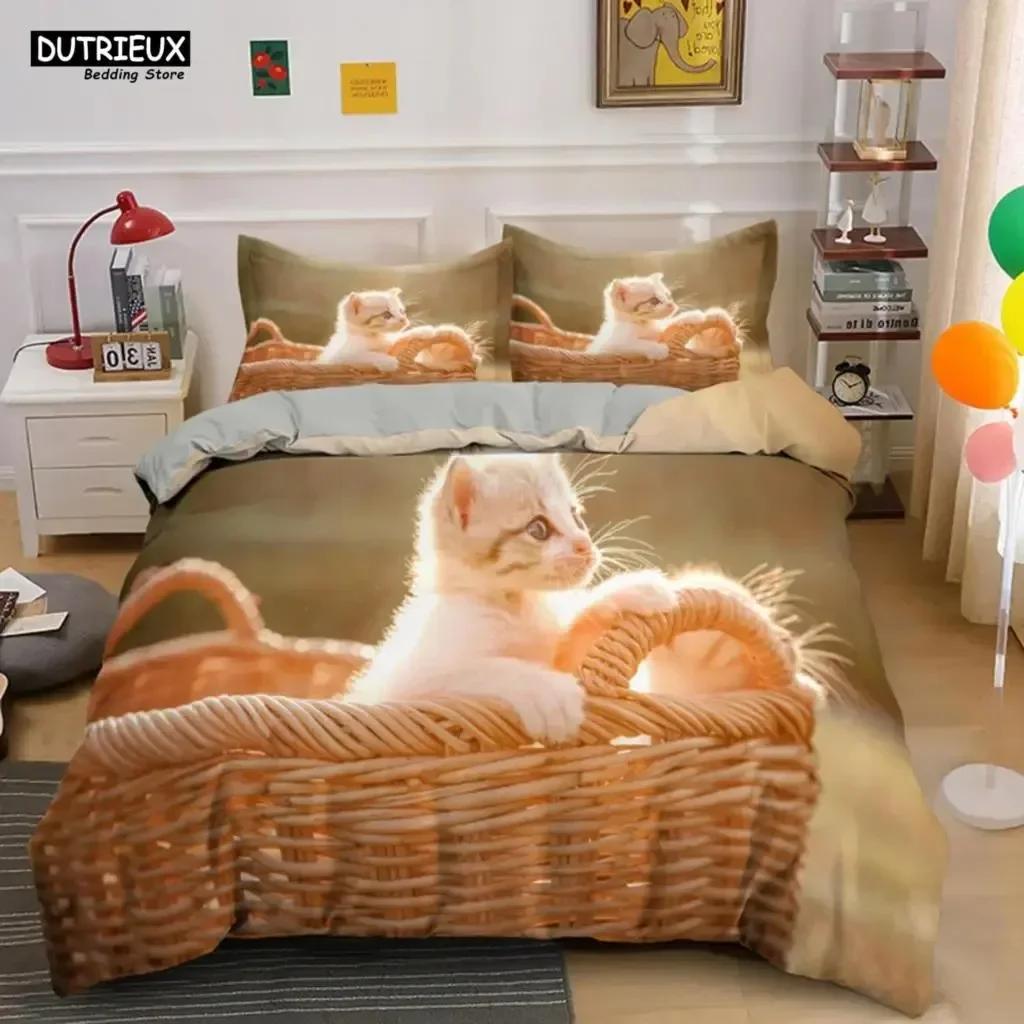 Comforter Cute Baby Cat White Black Kitten Bedding Set 3D Printed Suitable For Bedroom Kids Home Textile