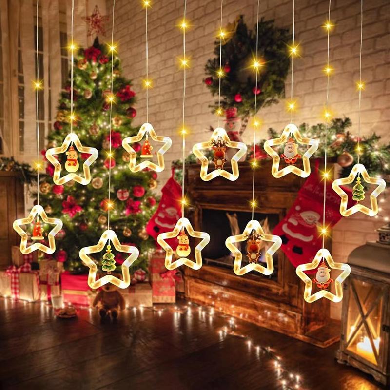 

New Product Curtain Lights, Christmas Light String, Santa Claus Cartoon Shaped Curtain Lights, LED Colored Lights, Room Window Decoration five-pointed star