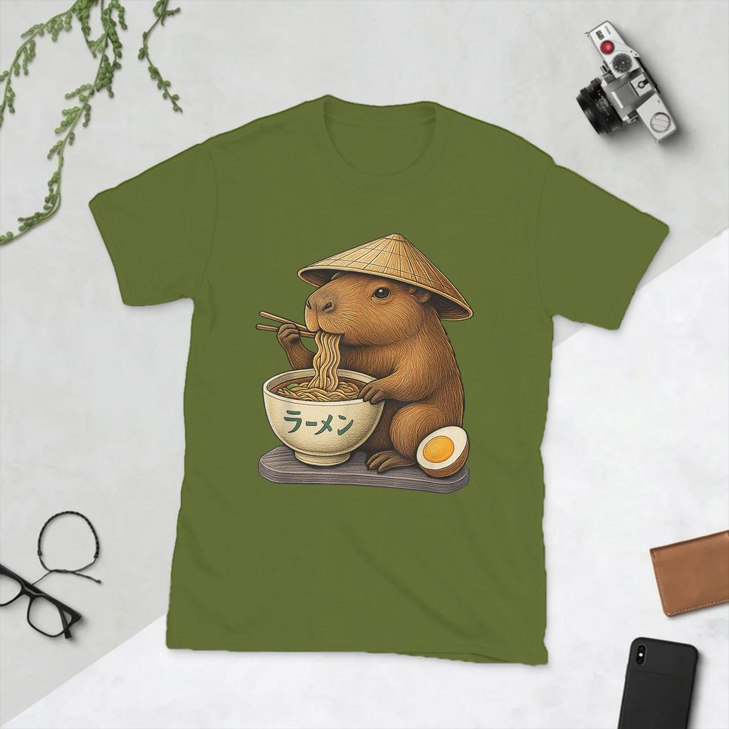Kawaii Capybara Eating Japanese RaUnisex Unisex T Shirts Unique Tees Short Sleeve O Neck TShirt Pure Cotton Party Clothing