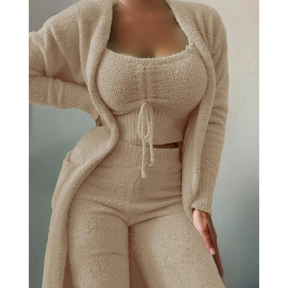 Nová Podzimní Zimní Dámská Sametová Pyžamová Souprava Crop Top+Dlouhé Kalhoty+Župan 3dílný Oblek Teplé Měkké Fleecové Domácí Oblečení Pyžamo S-3XL