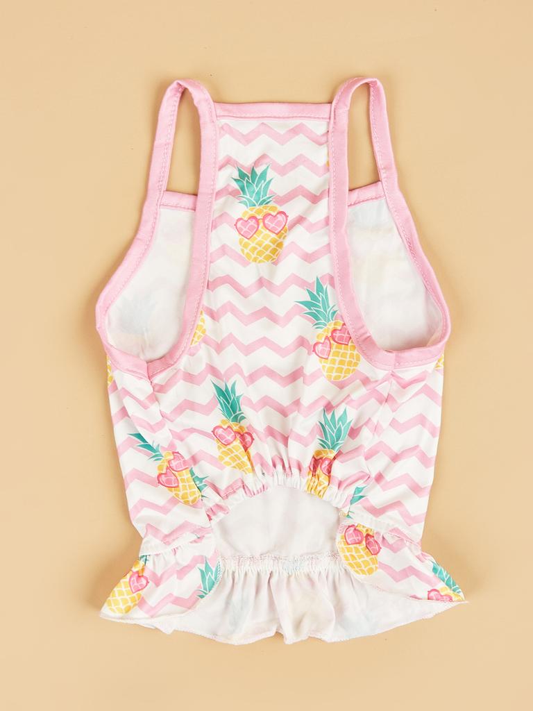 Pet Dress with Pineapple Print & Pink Zigzag Pattern, Ruffled Doggie Outfit, Cute Puppy Clothes, Fashion Small Dog Apparel