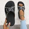 Fashion Comfortable Platform Slippers Women's Summer New Round Toe Open Toe Rivet Metal Buckle Platform Non-Slip Flats