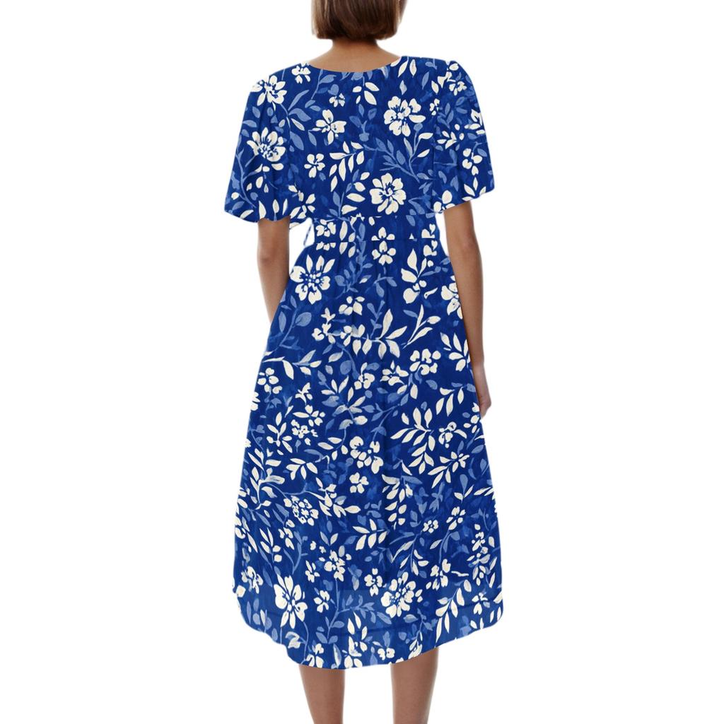 Women's Casual V Neck Short Sleeve Floral Print Dress Lightweight Midi Length Summer Dress with Wrap Style and Flared Hem