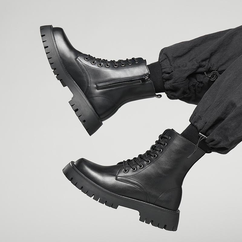 Mode Schwarze Herrenstiefel Klassischer Dicksohlen-High-Top-Stil Outdoor-Freizeit täglich Party Erwachsener Motorrad-Qualitätsschuhe Übergröße 38-48