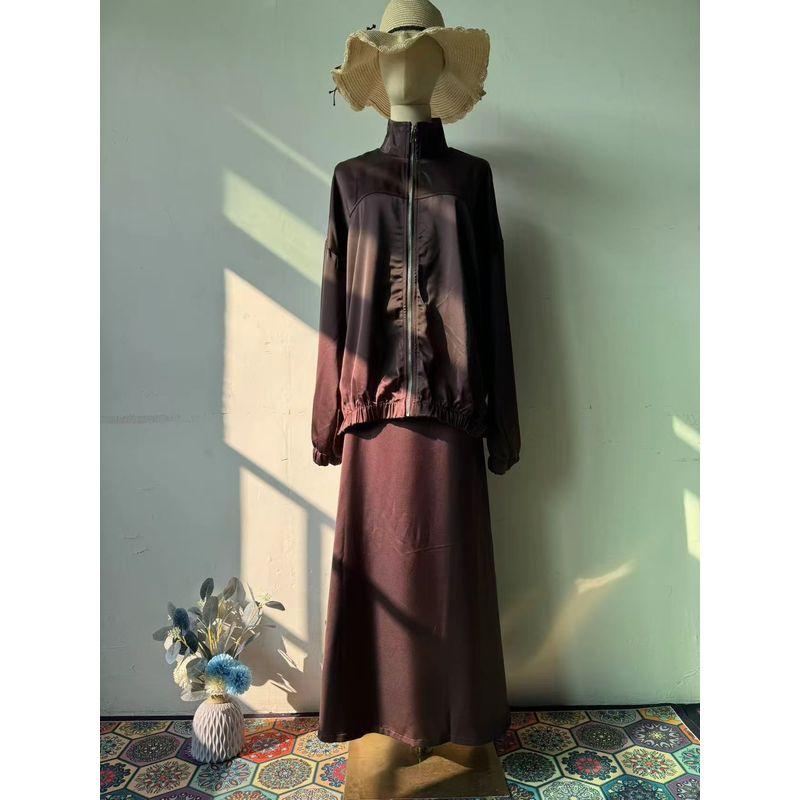 

Западный стиль Новая мода Верхняя одежда на молнии Длинное платье Комплект из двух частей Куртка на молнии и юбка Coffee L