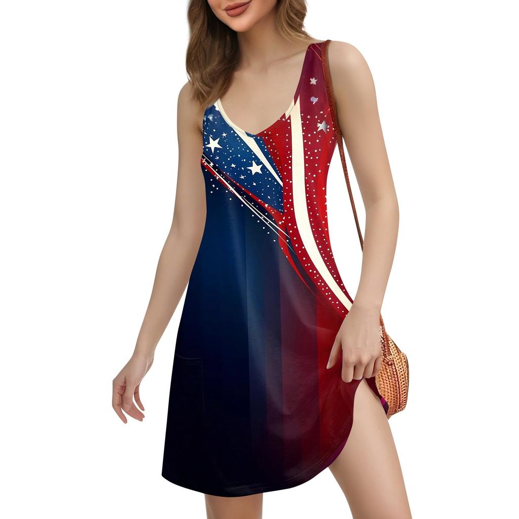 Women's Casual Print Bohemian Beach Dress With Pockets V Neck Tank Dress