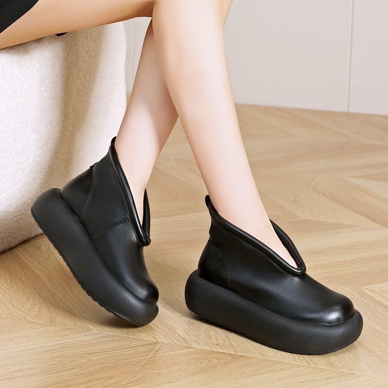 Fashion Round Toe Thick Sole Leather Casual Platform Women's Shoes Retro Top Cowhide Ankle Boots Pure Handmade Single Cool Boots