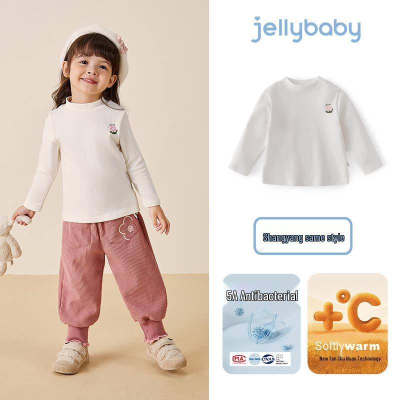 Self-Heating Girls Plus Velvet Half-High Collar Long-Sleeve Top for Autumn Winter 130cm