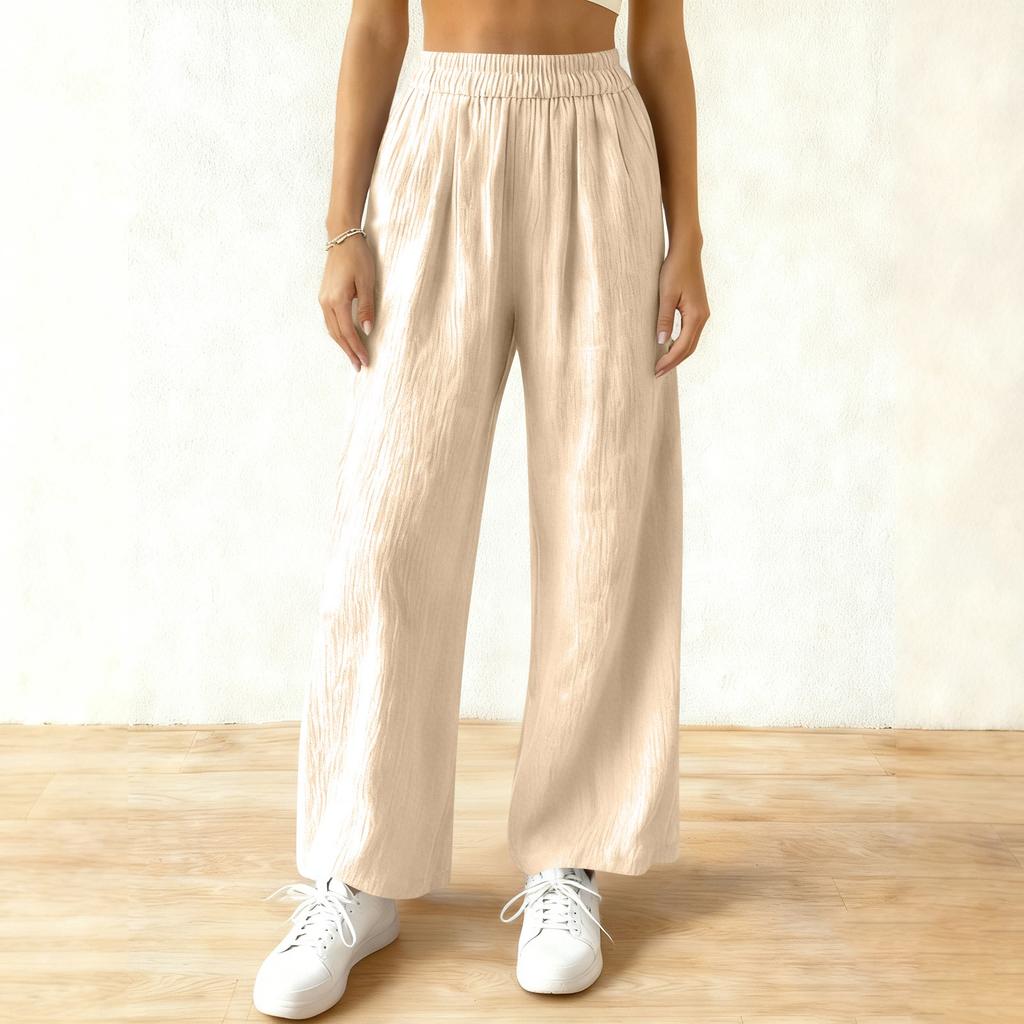 Women's Fashionable Solid Color Loose Casual Pocket Elastic Waist Wide Leg Casual Pants