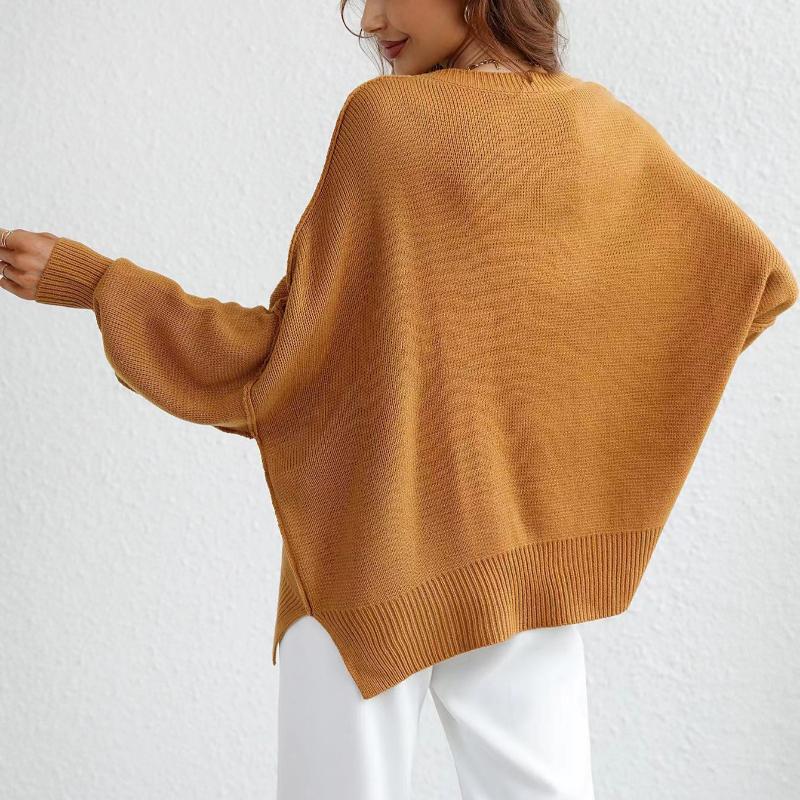 IHUASU Autumn and Winter Fashion Women's O-Neck Knit Loose Split Pullover Sweater
