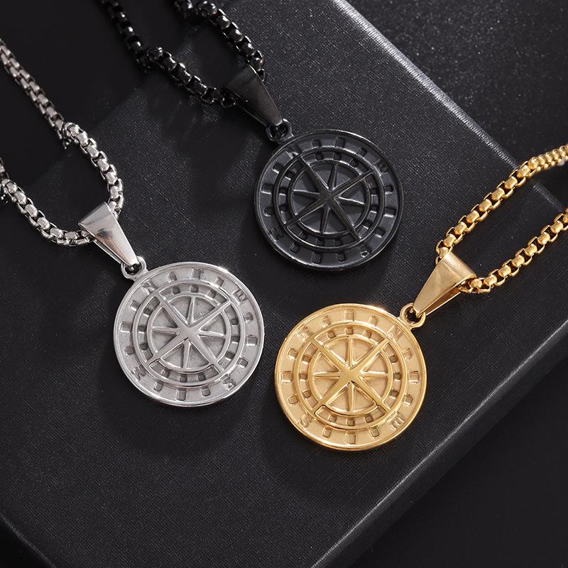 Stainless Steel Retro Mens and Womens Compass Necklace Punk Casting Compass Coin Pendant Jewelry Accessories