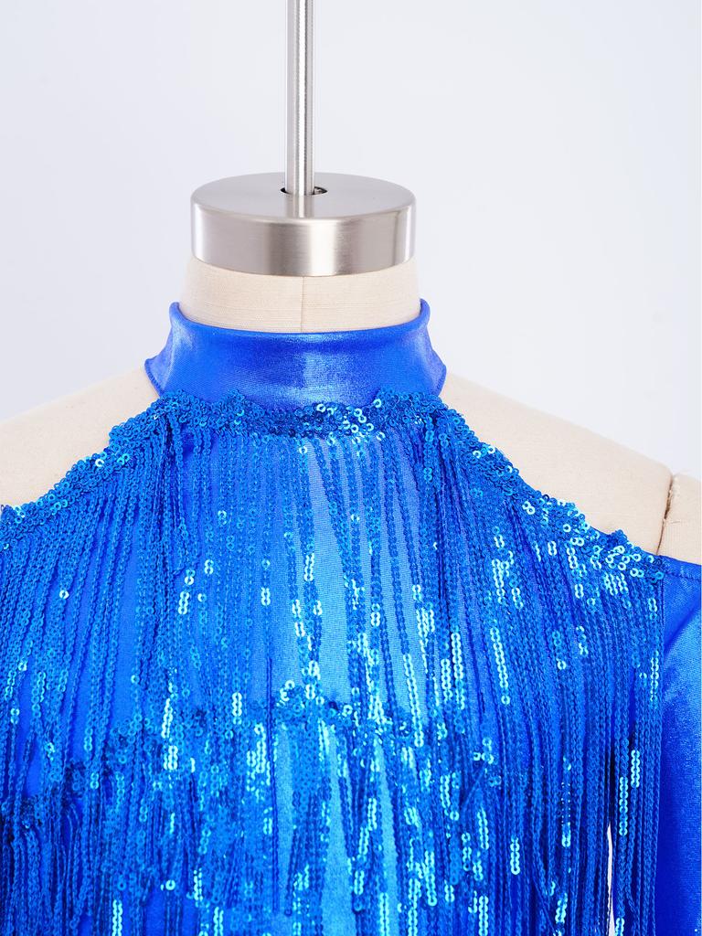 Mädchen Glitzer Pailletten Crop Top Cold Shoulder Fingerlöcher Reißverschluss Hinten Schlaghosen Bühnen-Set