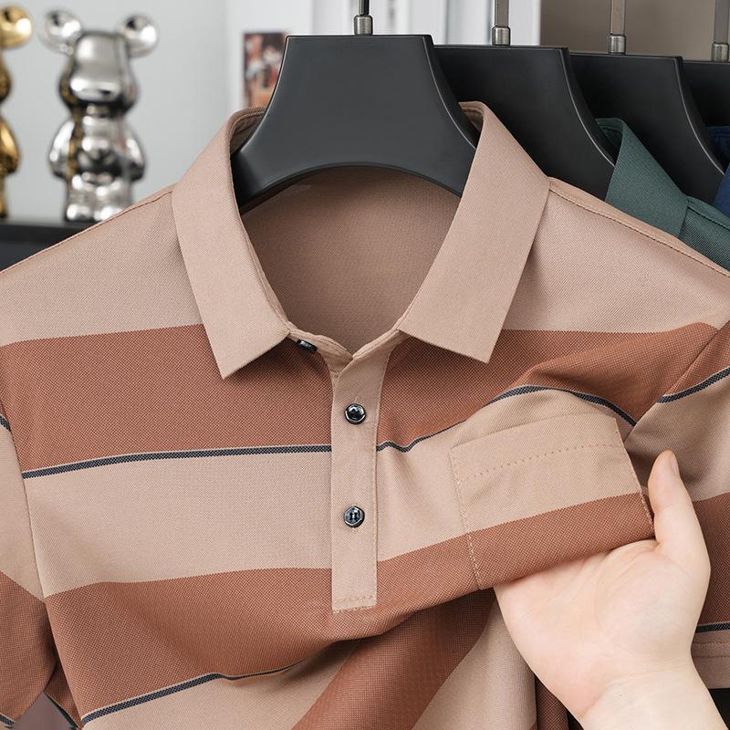 Middle Aged Men Short Sleeve Striped Polo Shirt Summer Casual Top