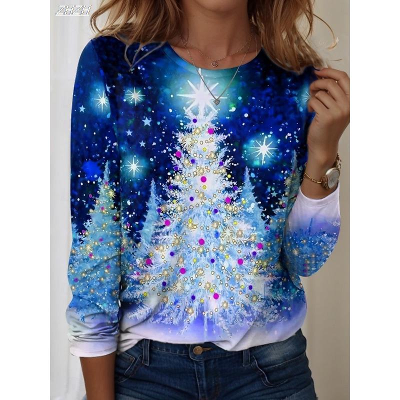 Christmas Women's T Shirt Graphic Christmas Tree Vintage Fashion Stylish Long Sleeve Crew Neck Regular Tops