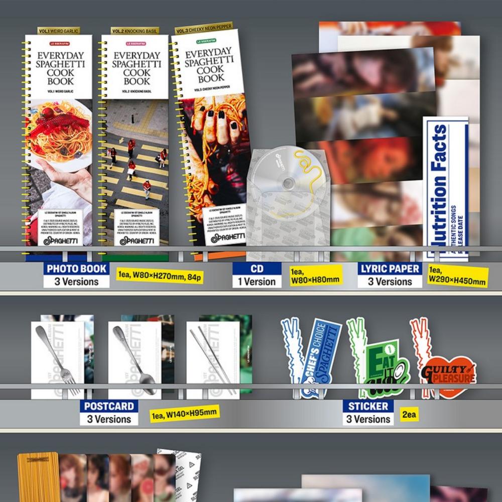 Le Sserafim 1st Single Album SPAGHETTI Standard Edition, Photobook, Lyric Sheet, Postcard, Stickers, Folded Poster
