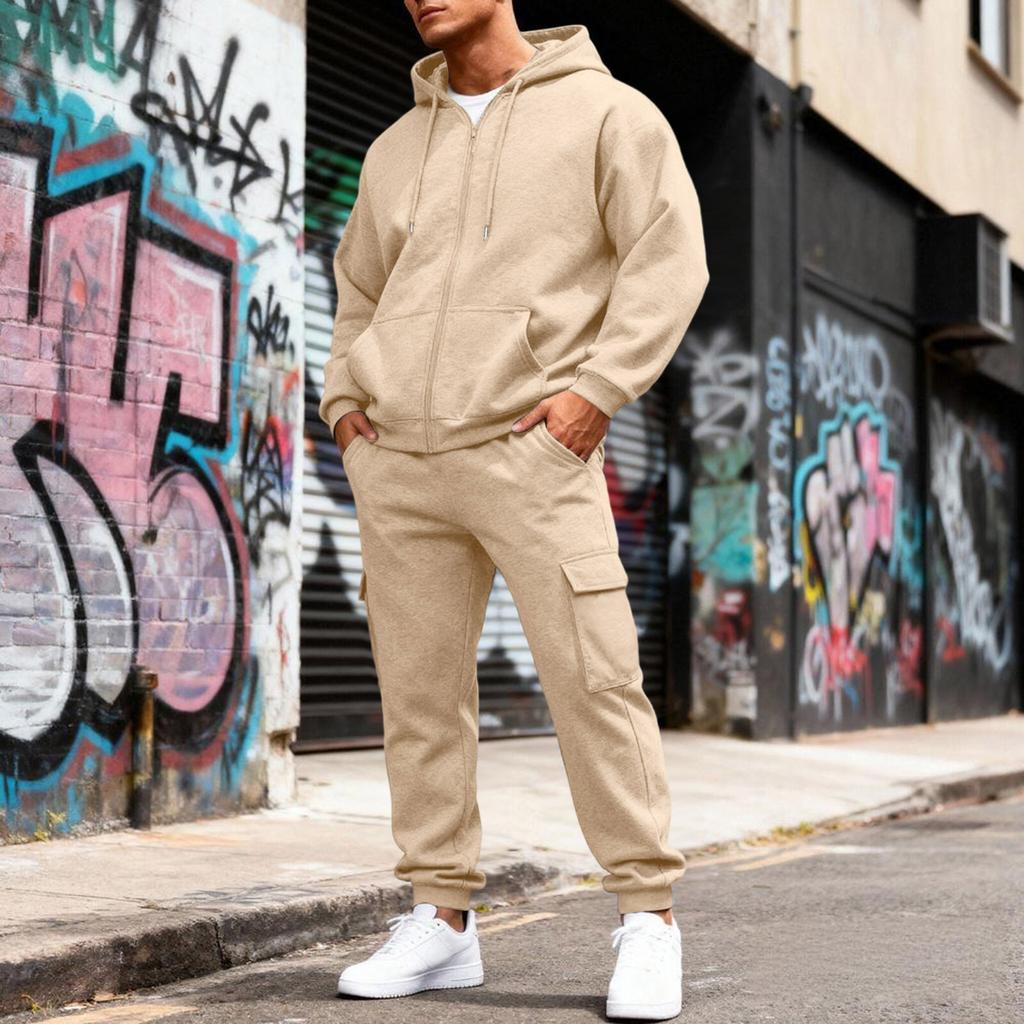 Men's Fleece-Lined Thermal Two-Piece Tracksuit | Color Hooded Sweatshirt Jacket & Elastic Waist Cargo Joggers For Casual Outdoor