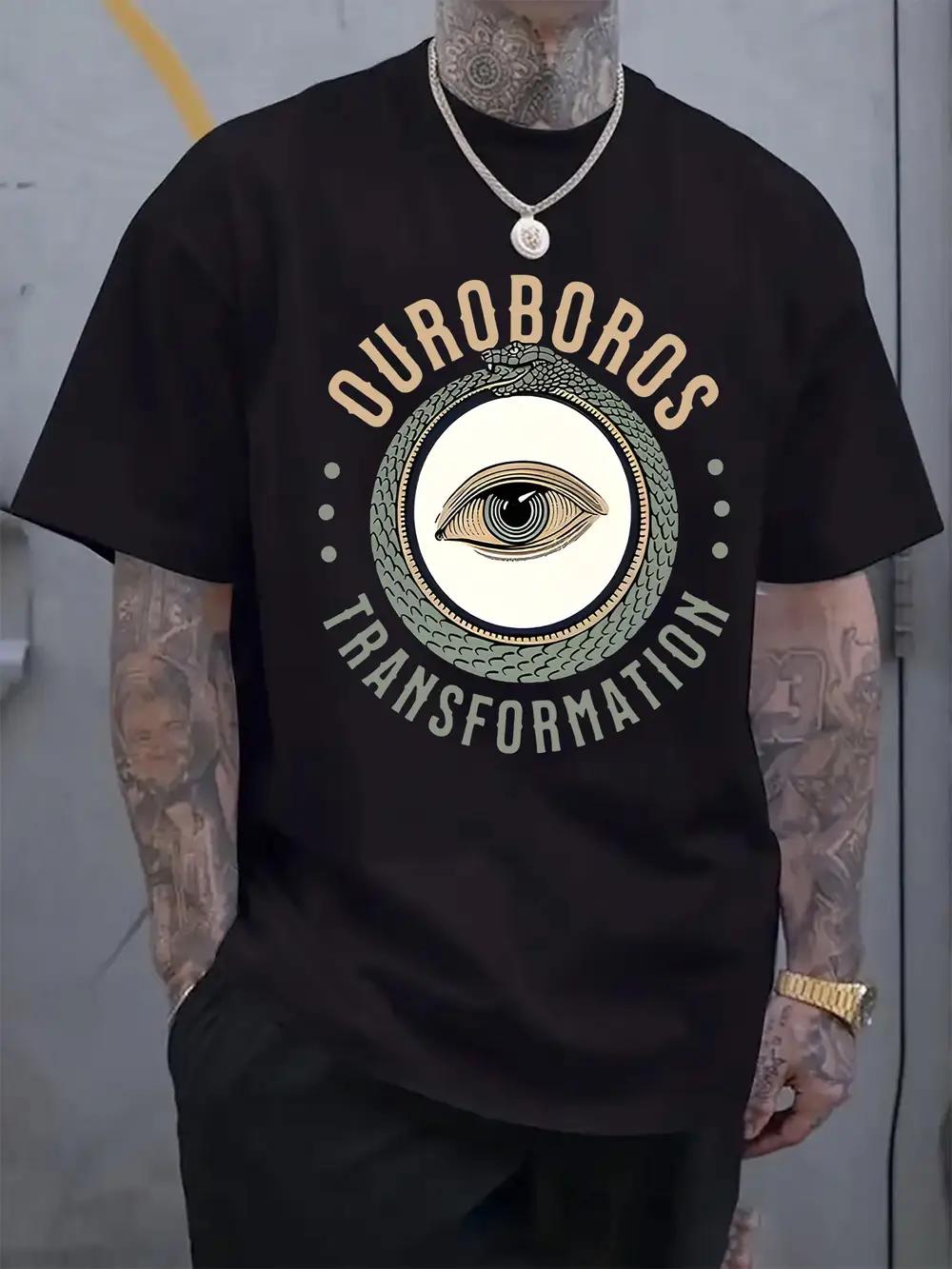 Casual Crew Neck T-shirt with Ouroboros Snake & Eye Graphic Print XXL