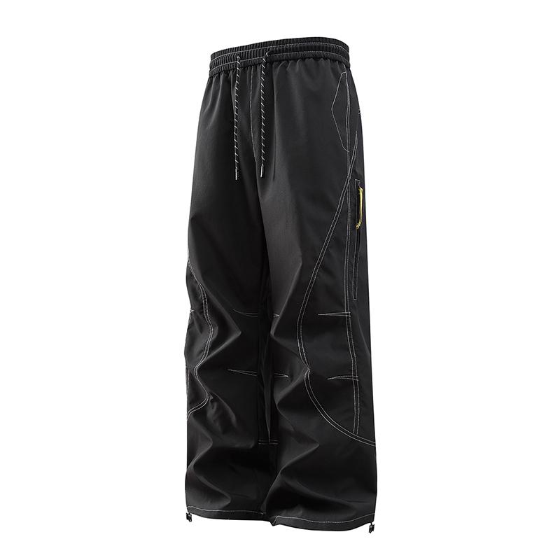 

Men s Beige Parachute Cargo Pants, Elastic Waist Drawstring Trousers with Zipper Pocket, Streetwear Style for Daily Wear S чорний