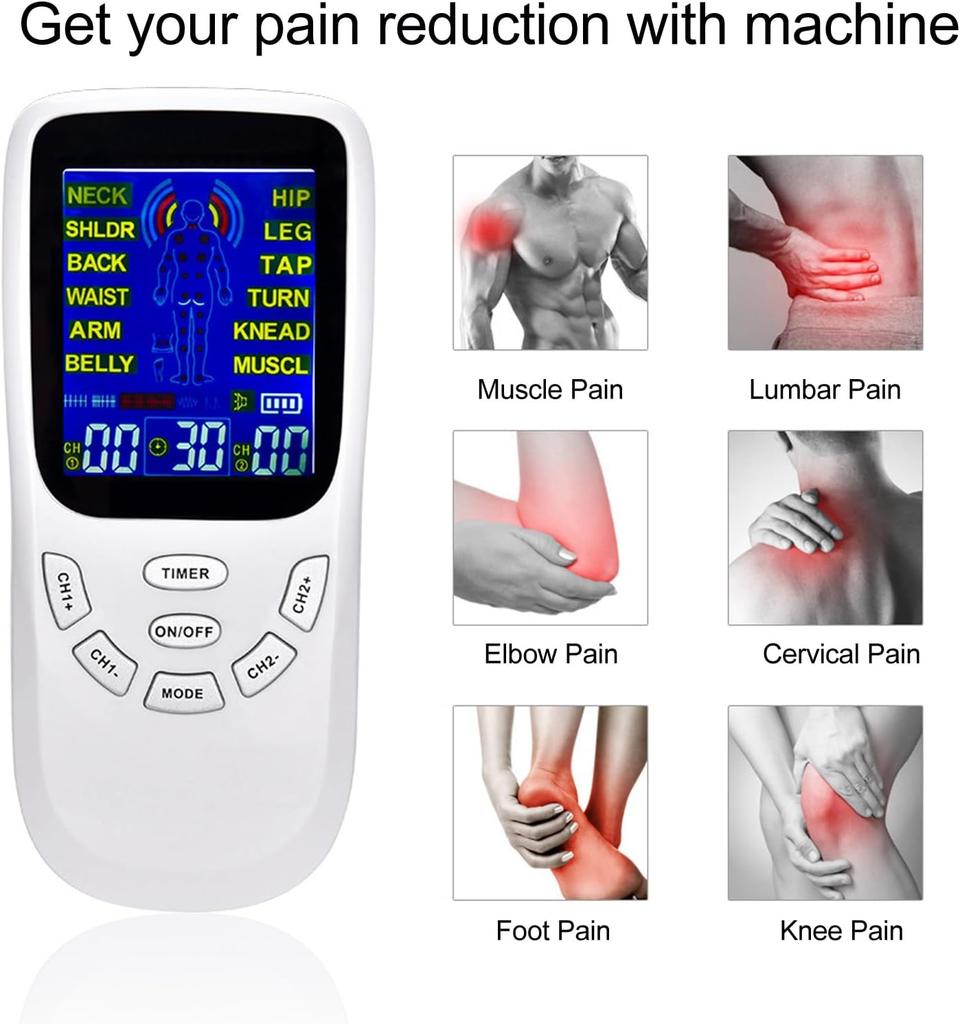 TENS EMS 4 Channel Rechargeable Combo Machine Unit - Muscle Stimulator + Back Pain Relief and Management- 24 Programs/Backlit