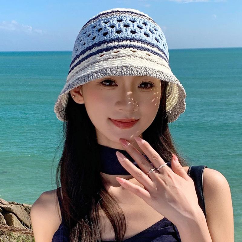 Women Striped Hollow Crochet Bucket Hat Breathable Openwork Wide Brim Sun Cap Lightweight Fisherman Hat for Summer Casual Sun Protection
