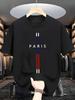 Men's lightweight and breathable pure cotton short-sleeved T-shirt with Parisian graphic prints and red striped women's