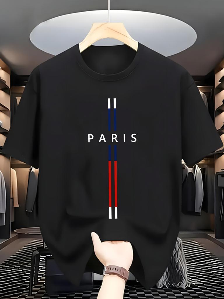 Men's lightweight and breathable pure cotton short-sleeved T-shirt with Parisian graphic prints and red striped women's