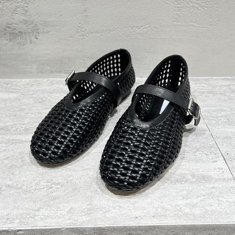 Sheepskin version~ 2025 new niche hand-woven shallow mouth one-word strap single shoes women's flat leather Mary Jane shoes