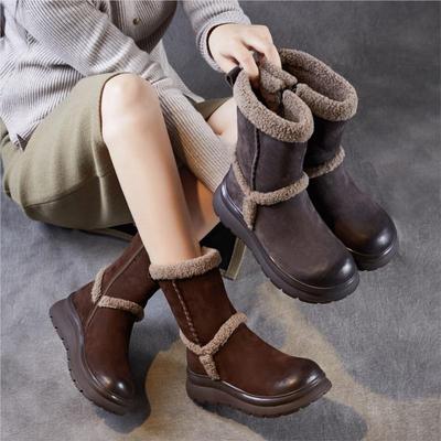 Echtes Leder Retro Damen Mid-Calf Stiefel Plüsch Warm Weichsohle Baumwollschuhe Schneestiefel