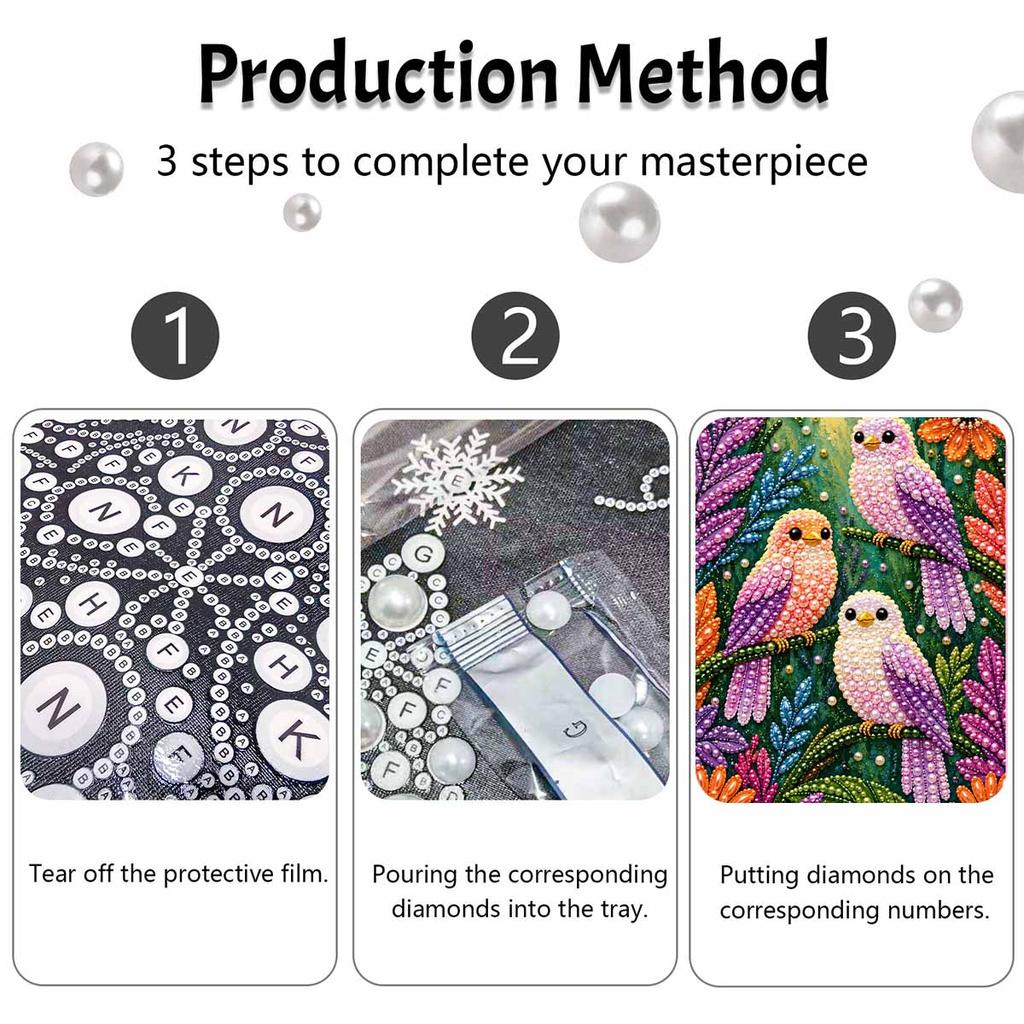 Beautiful Framed Pearl Painting Kit Cute Birds and Flowers Design DIY 3D Bead Art Canvas Creative Wall Decor Gift for Adults