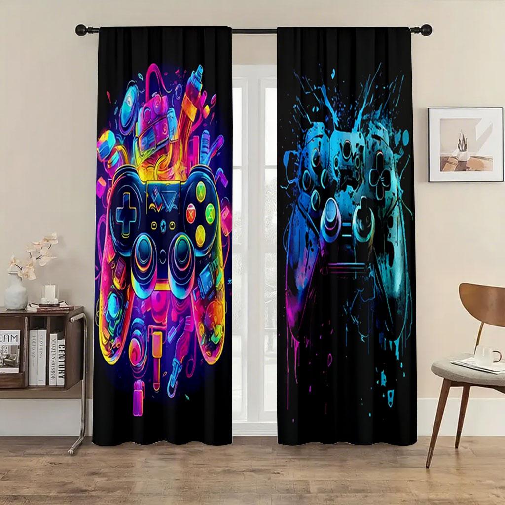 2PC Neon Graffiti Gaming Controller Curtains - Vibrant Abstract Print Window Drapes for Boys Bedroom Game Room Decor