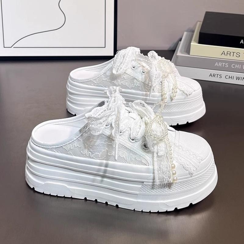 Leather bag head half slippers women's outer wear summer new small thick bottom heightening pearl lace sandals