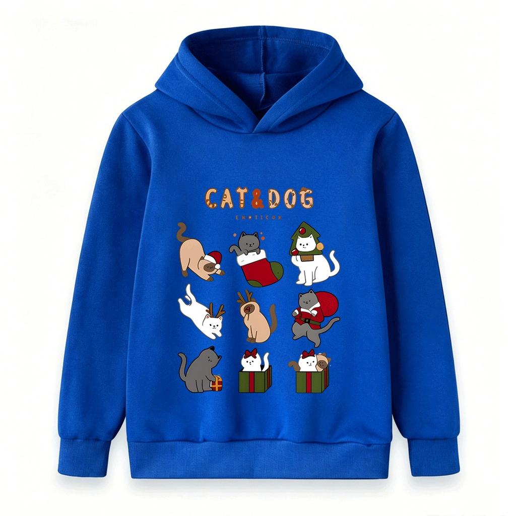 Kids Boys Girls Christmas Cat Cartoon Print Hoodie, Casual Long Sleeve Pullover Sweatshirt for Holiday Daily Wear