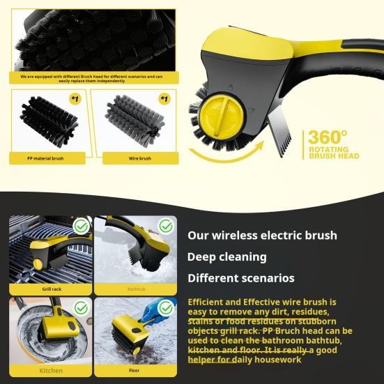 Cordless Electric Grill Brush with Rotating Head 8V Power Rechargeable BBQ Cleaning Tool Stainless Steel Bristles Type-C Cable Portable Grill Bot for