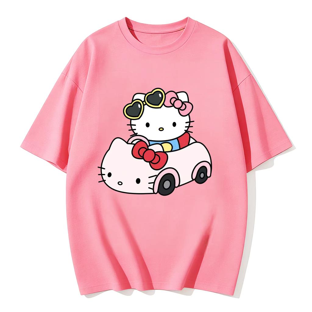 2026 New Summer HelloKitty Cute Graphic Tee Casual Short Sleeve Cotton Top for Women Girls Kawaii Cartoon Print Streetwear