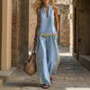 Women Color Contrast Halter Top Wide Leg Pants Two Piece Casual Set