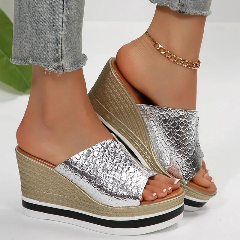 Fashion Women Shoes Silver Chunky Platform Sandals 2025 Summer Wedges Slippers Plus Size 36-43 Woman Outdoor High Heels Sandles Female