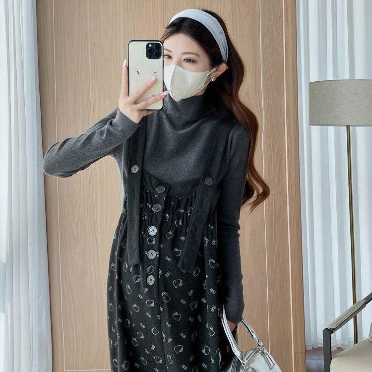 

2025 Autumn/Winter Maternity Knit Kitty Cartoon Overalls Slimming Two-Piece Set L (suggested 110-125 lbs)