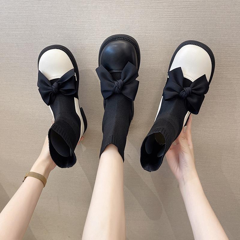Elastic French Socks Boots Women's Bow Short Boots Small Leather Shoes Spring and Autumn Black Martin Boots Women's Splicing New Models