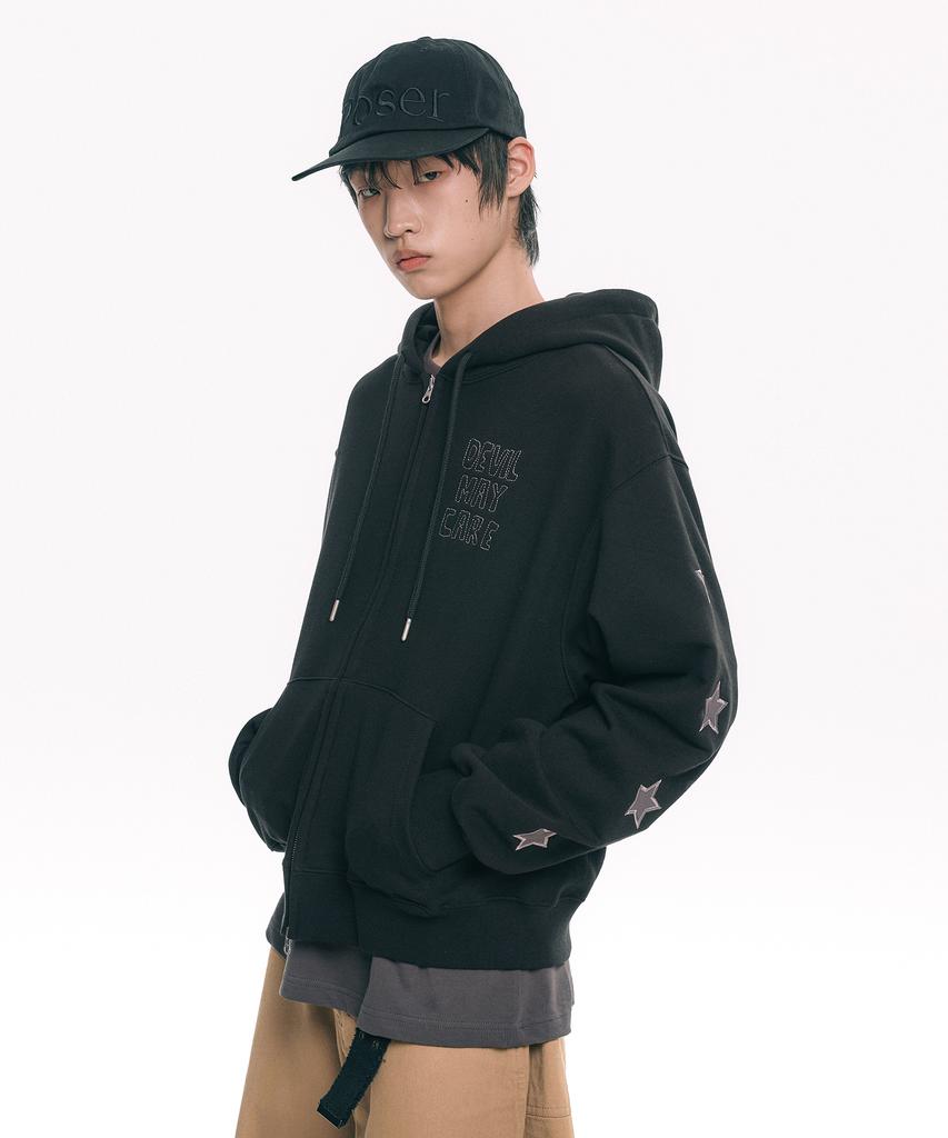 Moo Star Applique Zip-Up Hoodie - Black